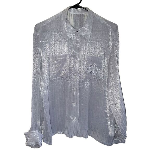 Christian Dior Silver Semi Sheer Embroidered CD Logo French Cuff Blouse Top M - Picture 1 of 14